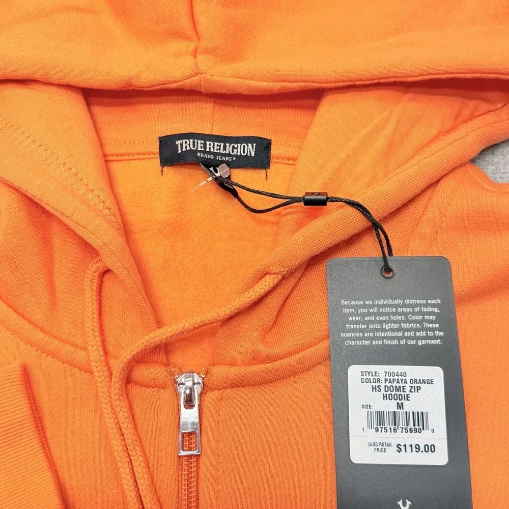 True Religion Metallic Buddha Zip Hoodie Mens M Papaya Orange Fleece NWT 700440